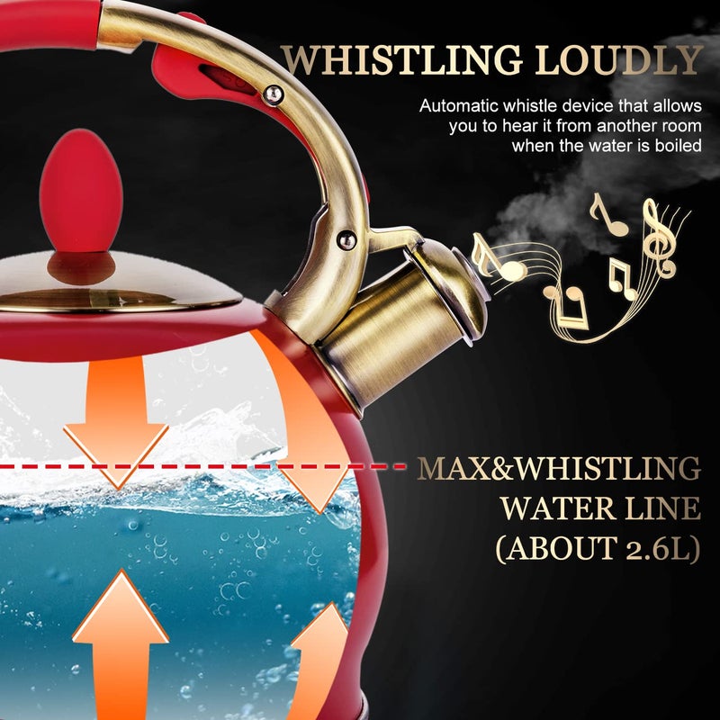 SUSTEAS Stove Top Whistling Tea Kettle - Food Grade Stainless Steel Teakettle Teapot with Cool Touch Ergonomic Handle, With 1 Silicone Pinch Mitt Included, 2.64 Quart(RED) - Image 3